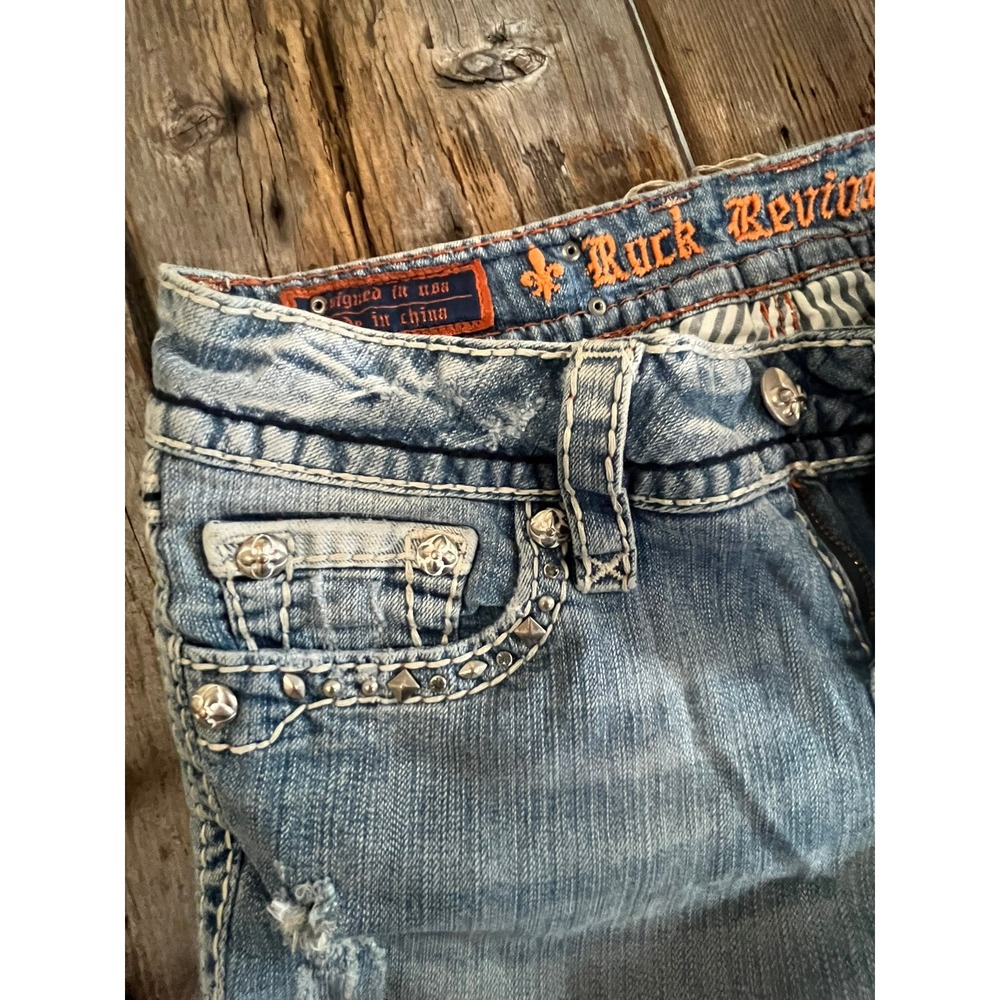 Rock Revival Bootcut Jeans Light Wash Distressed Embellished Studded Size 28 - Picture 6 of 14